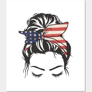 Messy Bun Girl American Flag Bandana Posters and Art